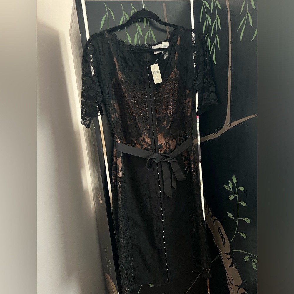 Beguile by Byron Lars Carissima 12P Elegant Black Lace Dress with Ribbon NWT